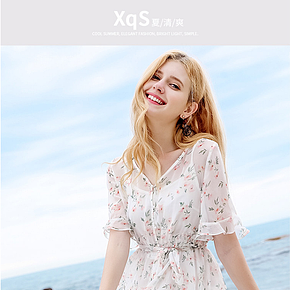 夏季新款小清新小碎花雪纺连衣裙韩版时尚收腰V领超仙中长款女装