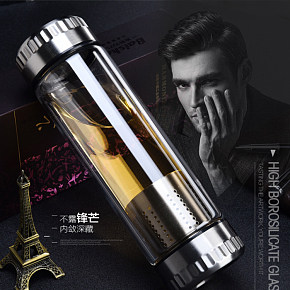 玻璃杯水杯双头盖过滤泡茶茶水分离杯子详情页