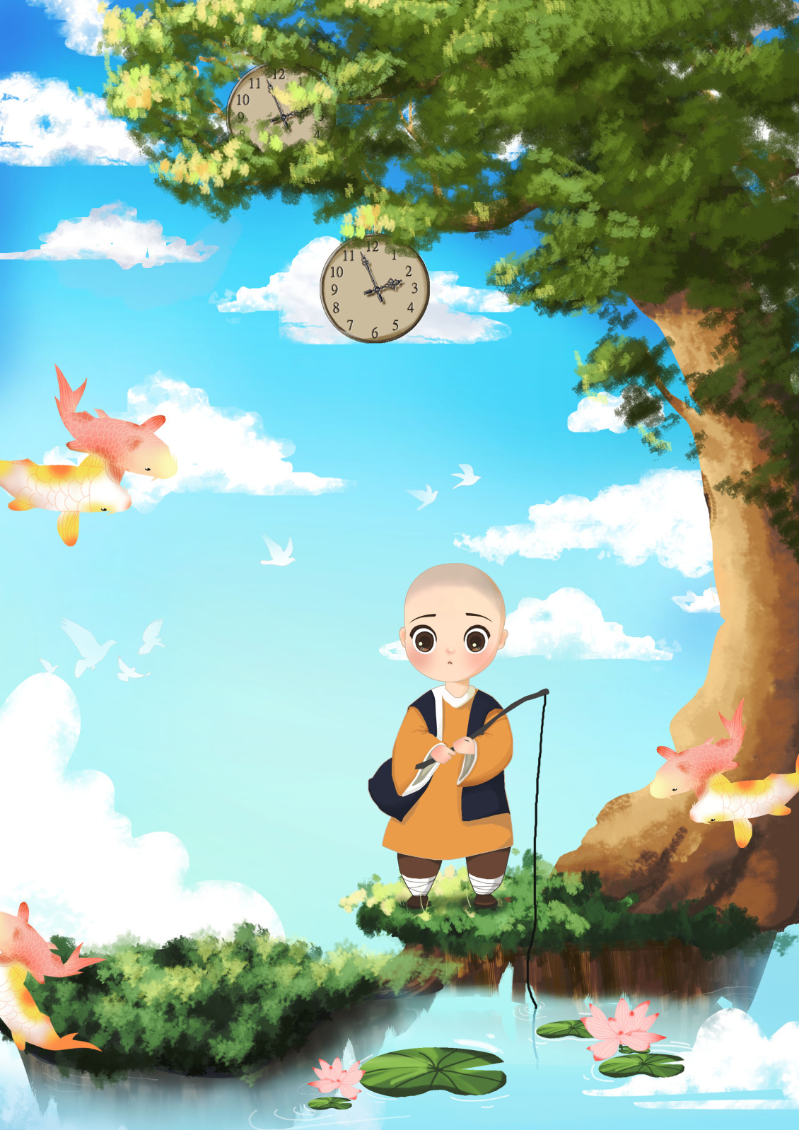 淘宝美工y173346原创手绘一禅小和尚宣传画日系风作品