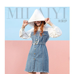 牛仔连帽假两件连衣裙