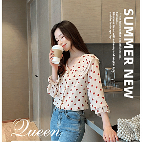 新款娃娃领上衣波点雪纺衬衣女装详情