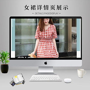 小清新v领格子连衣裙详情页