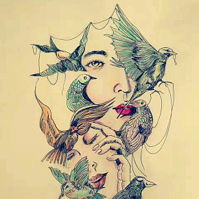 手绘插画：美女和鸟