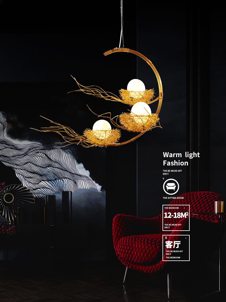 淘宝美工kikk餐厅吊灯现代简约鸟巢客厅灯创意三头个性吧台卧室灯温馨北欧灯具作品